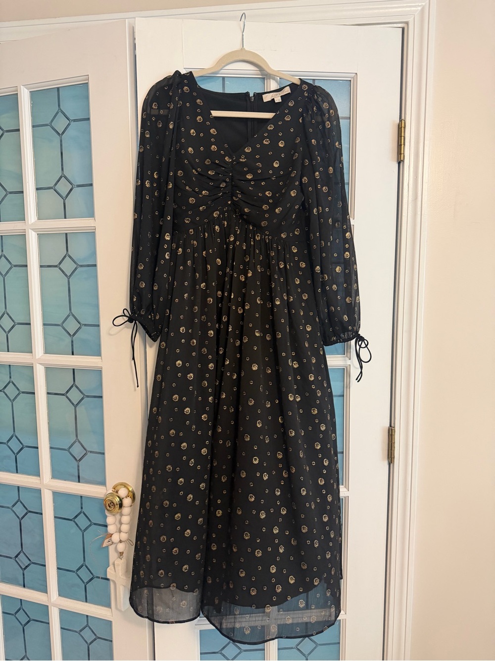 LOFT Black Midi Dress with Gold Dot Print